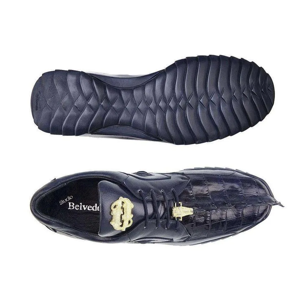 Belvedere Vasco Men's Night Blue Genuine Hornback Crocodile & Soft Calf Sneakers 336122 (BV2202)