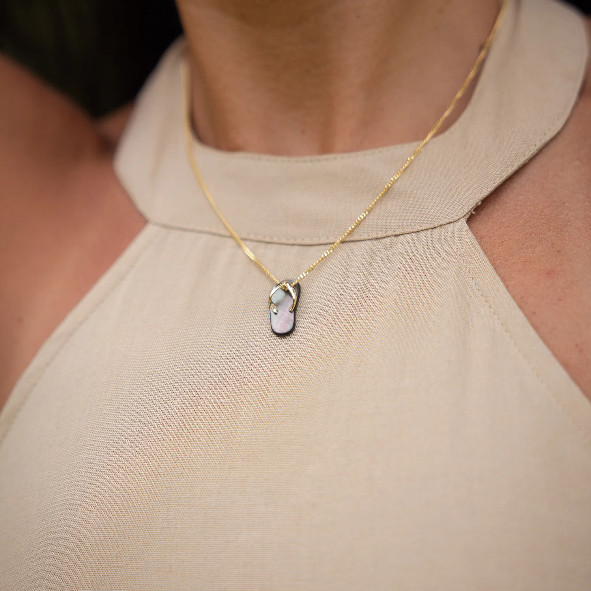Black Mother of Pearl Slipper Pendant in Gold