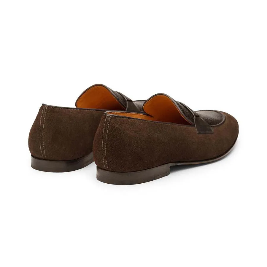 Brown Suede Penny Loafers with Black Grain Leather Vamp
