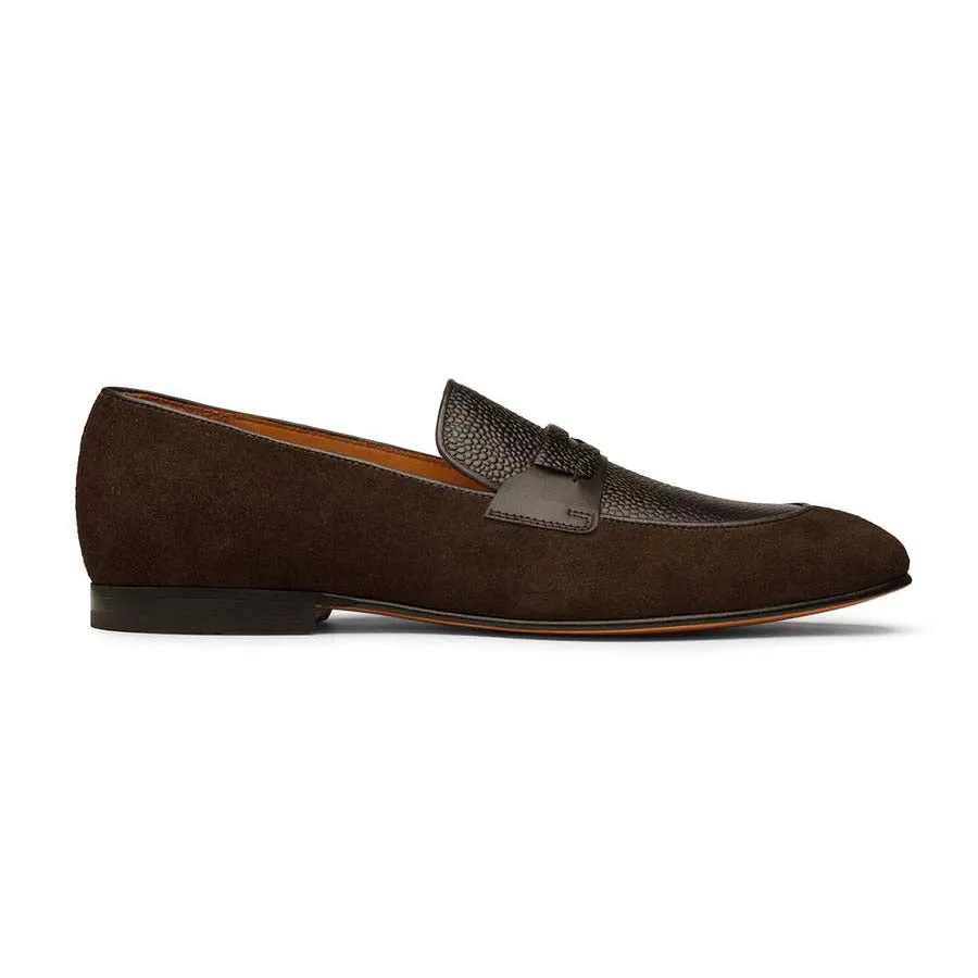 Brown Suede Penny Loafers with Black Grain Leather Vamp