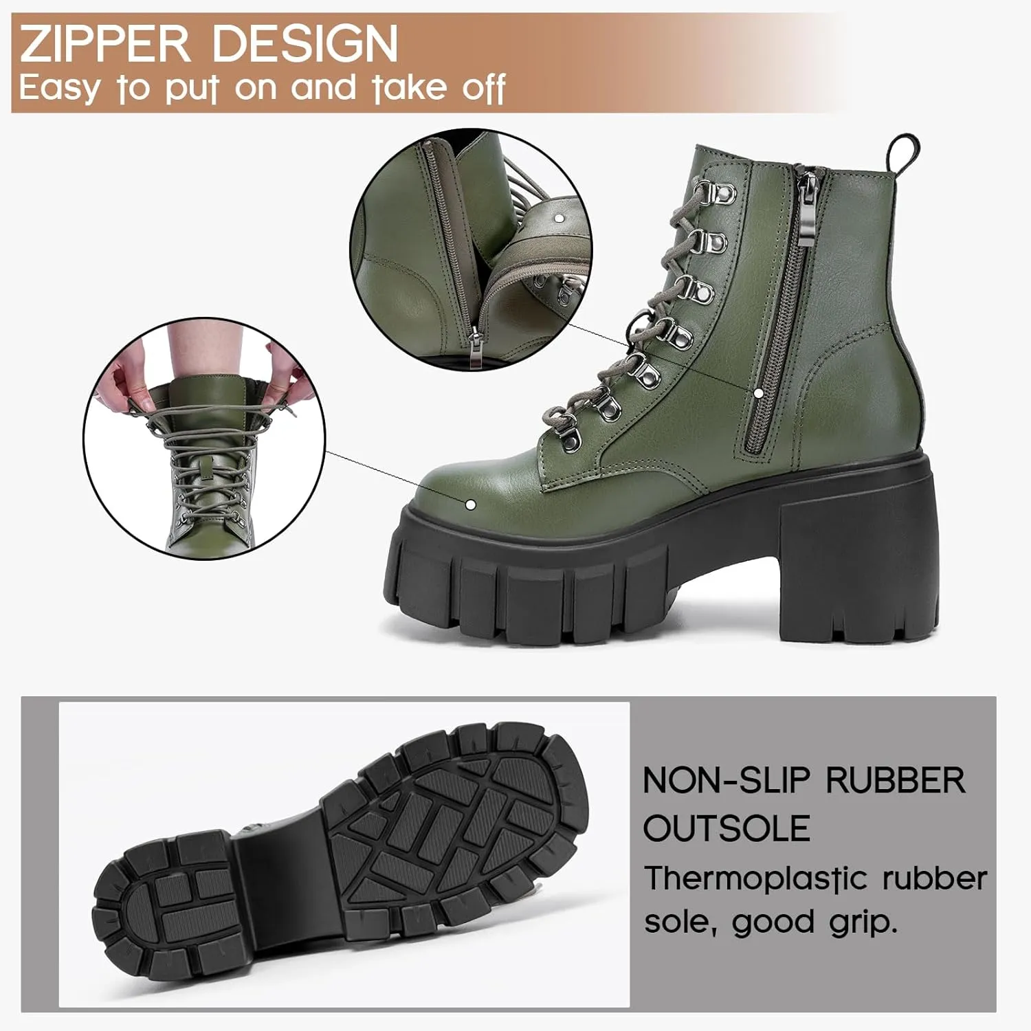 FITORY Womens Combat Boots Lightweight Lace up Side Zipper Ankle Botas High Heel Chunky Platform Lug Sole Booties Size 6-11