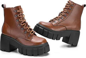 FITORY Womens Combat Boots Lightweight Lace up Side Zipper Ankle Botas High Heel Chunky Platform Lug Sole Booties Size 6-11