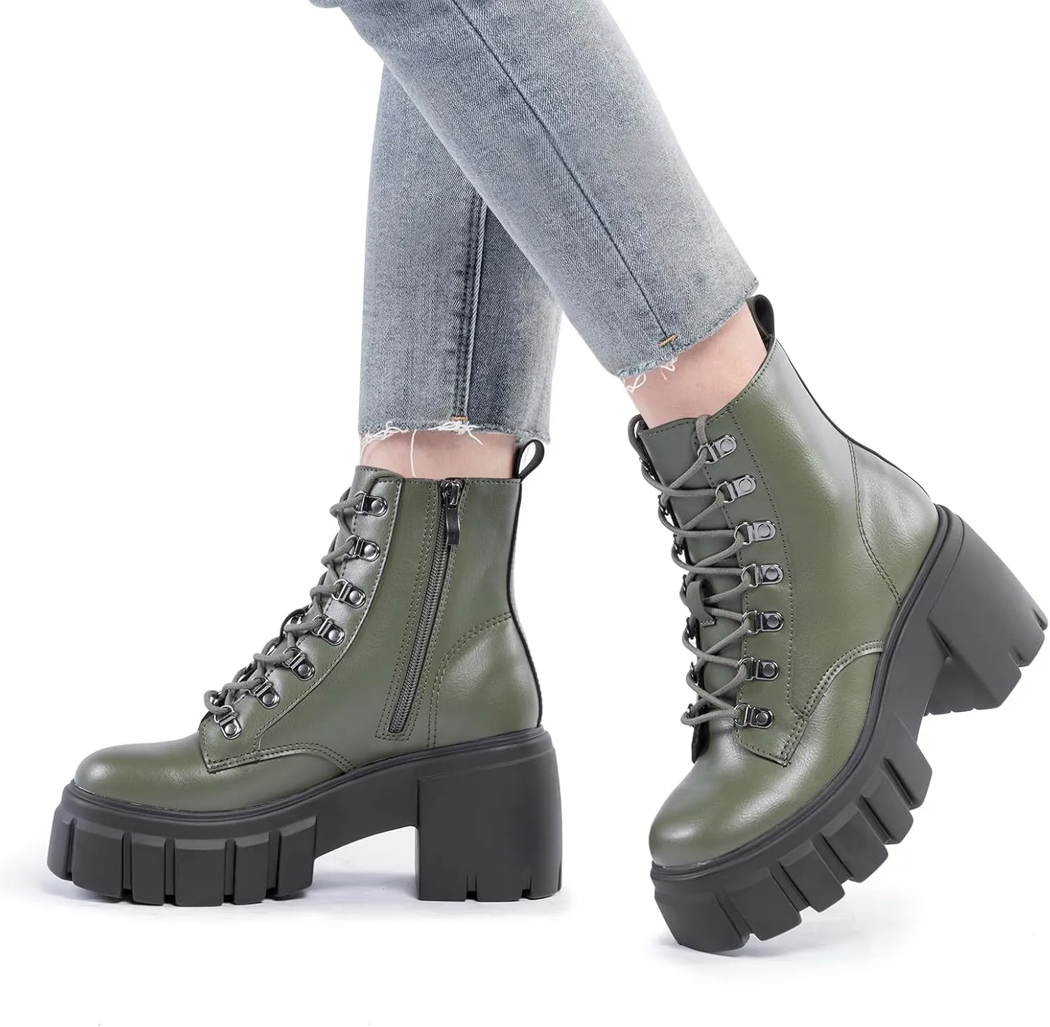 FITORY Womens Combat Boots Lightweight Lace up Side Zipper Ankle Botas High Heel Chunky Platform Lug Sole Booties Size 6-11