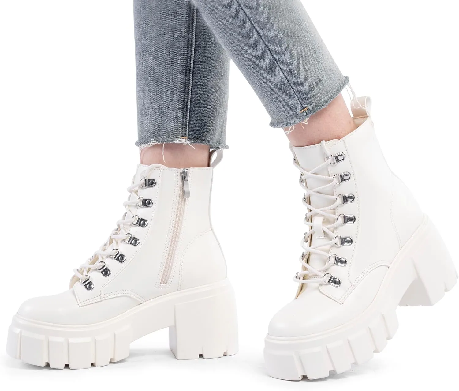 FITORY Womens Combat Boots Lightweight Lace up Side Zipper Ankle Botas High Heel Chunky Platform Lug Sole Booties Size 6-11