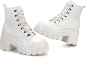 FITORY Womens Combat Boots Lightweight Lace up Side Zipper Ankle Botas High Heel Chunky Platform Lug Sole Booties Size 6-11
