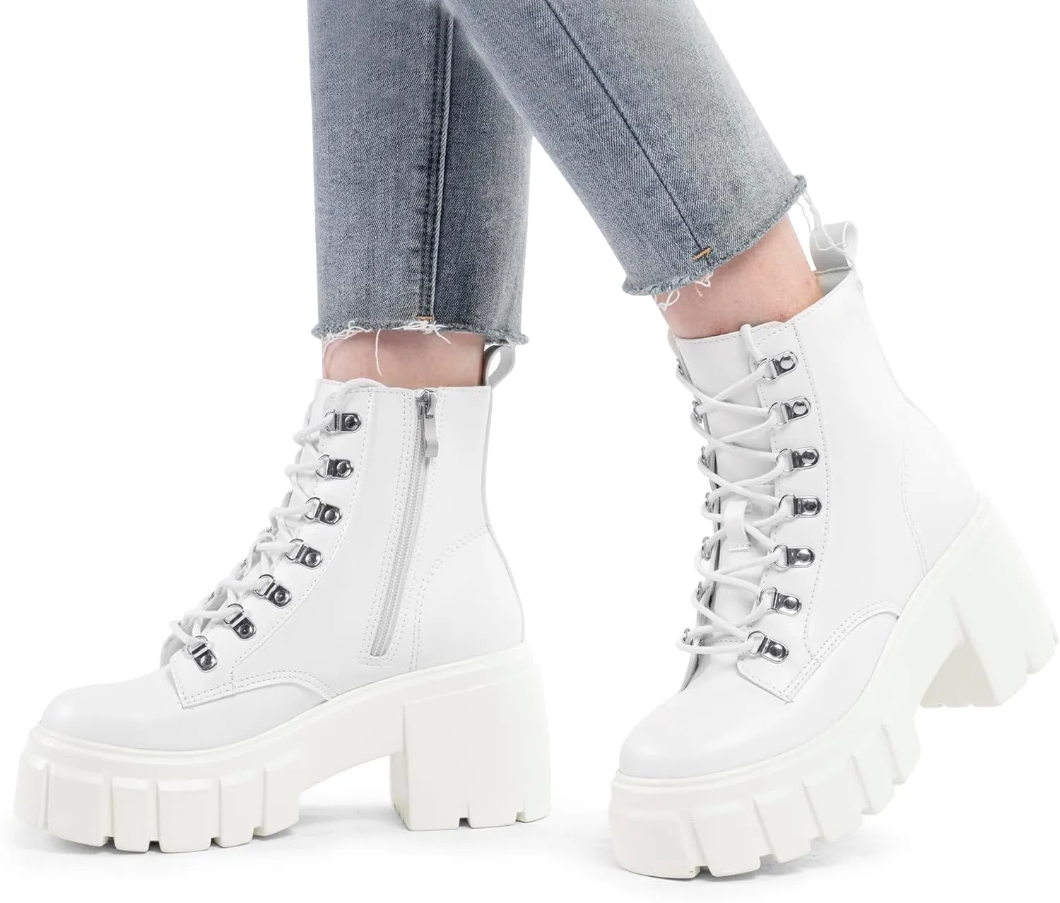 FITORY Womens Combat Boots Lightweight Lace up Side Zipper Ankle Botas High Heel Chunky Platform Lug Sole Booties Size 6-11