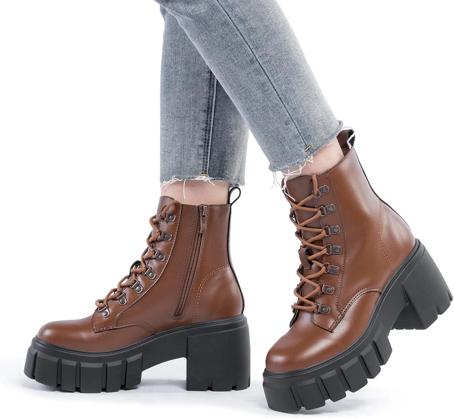 FITORY Womens Combat Boots Lightweight Lace up Side Zipper Ankle Botas High Heel Chunky Platform Lug Sole Booties Size 6-11
