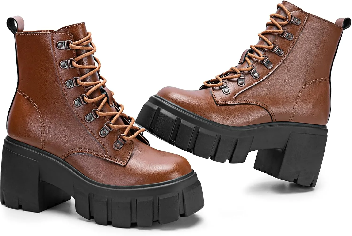 FITORY Womens Combat Boots Lightweight Lace up Side Zipper Ankle Botas High Heel Chunky Platform Lug Sole Booties Size 6-11