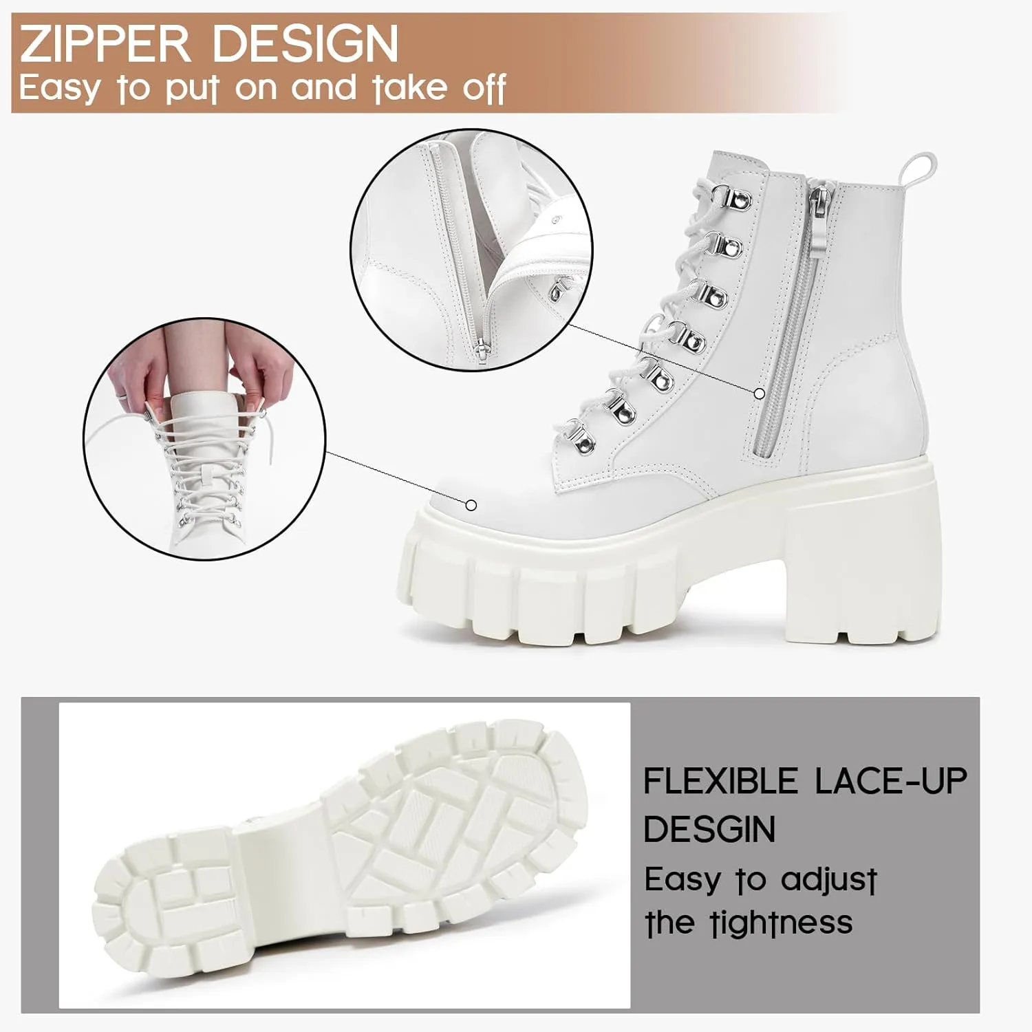 FITORY Womens Combat Boots Lightweight Lace up Side Zipper Ankle Botas High Heel Chunky Platform Lug Sole Booties Size 6-11