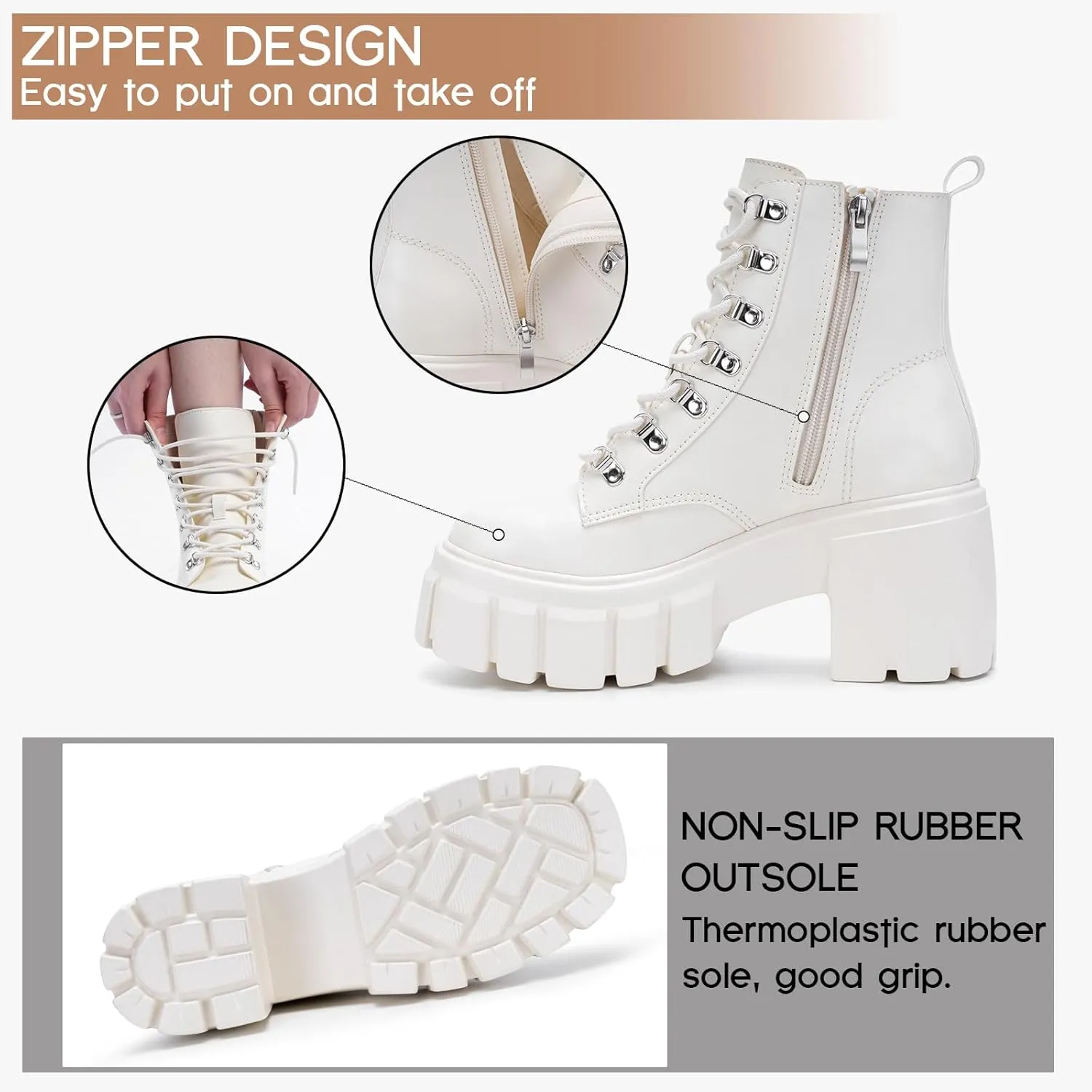 FITORY Womens Combat Boots Lightweight Lace up Side Zipper Ankle Botas High Heel Chunky Platform Lug Sole Booties Size 6-11