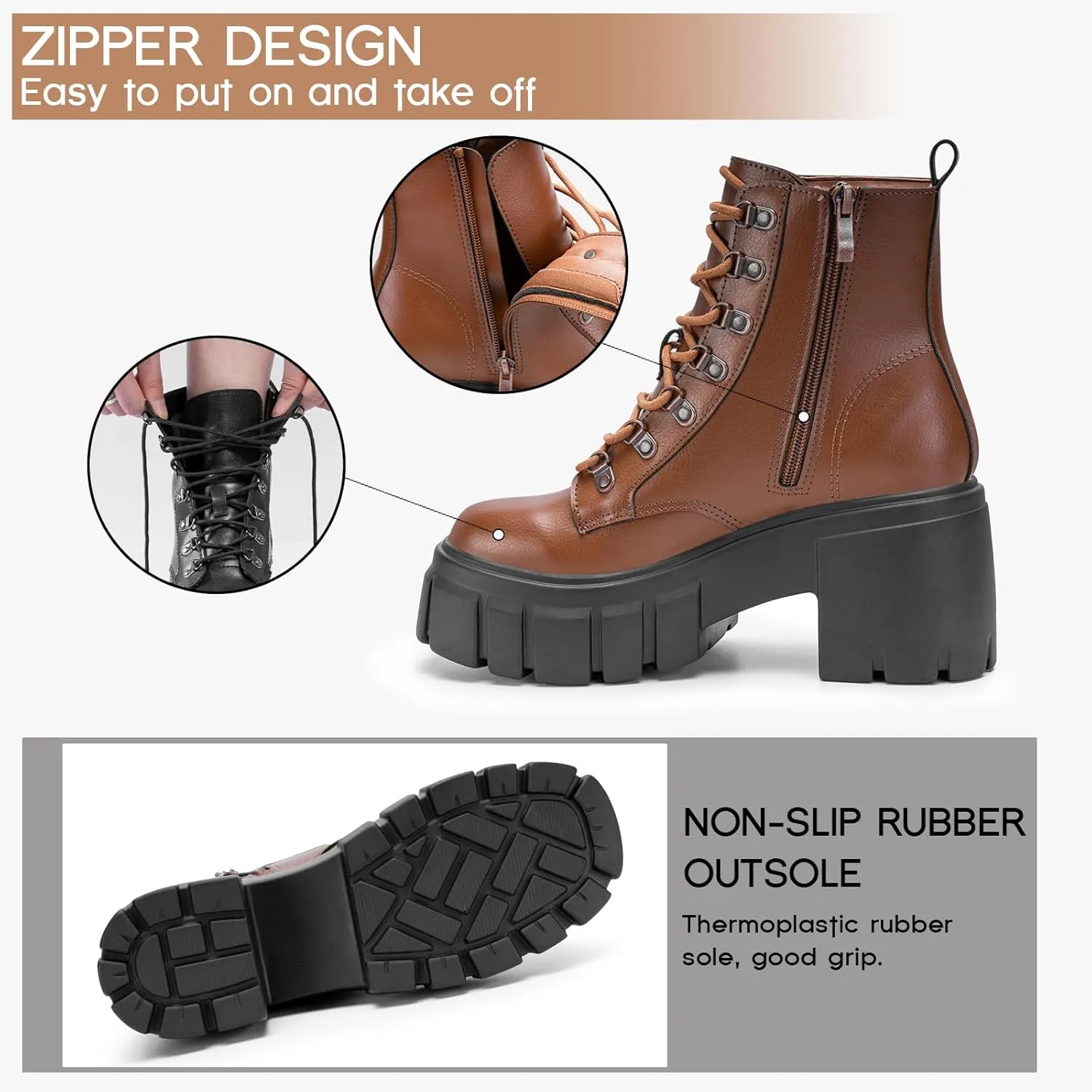 FITORY Womens Combat Boots Lightweight Lace up Side Zipper Ankle Botas High Heel Chunky Platform Lug Sole Booties Size 6-11