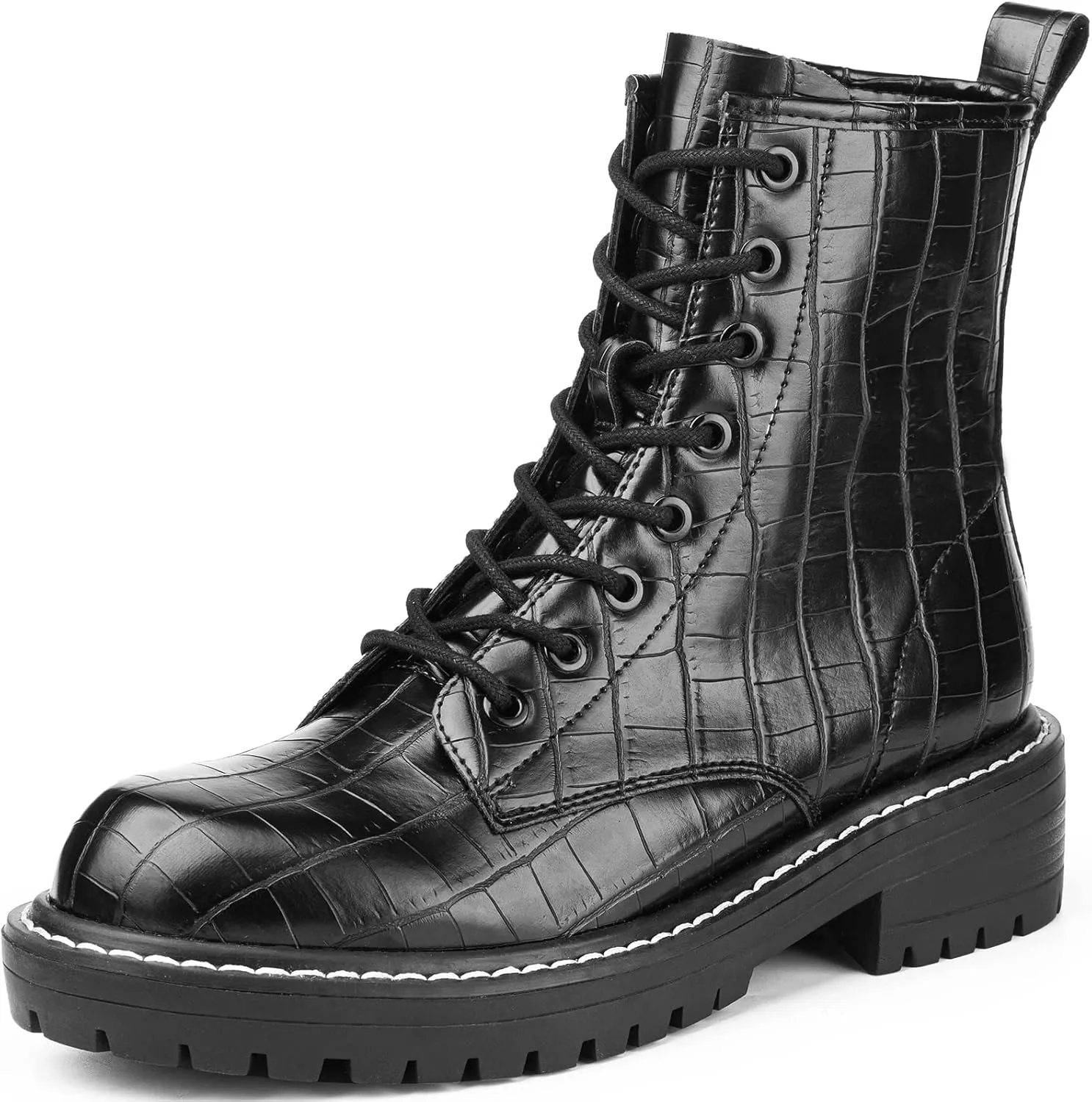 ICHIGO Womens Fashion Ankle Booties Causal 8-Eye Side Zipper Lace-up Combat Boots
