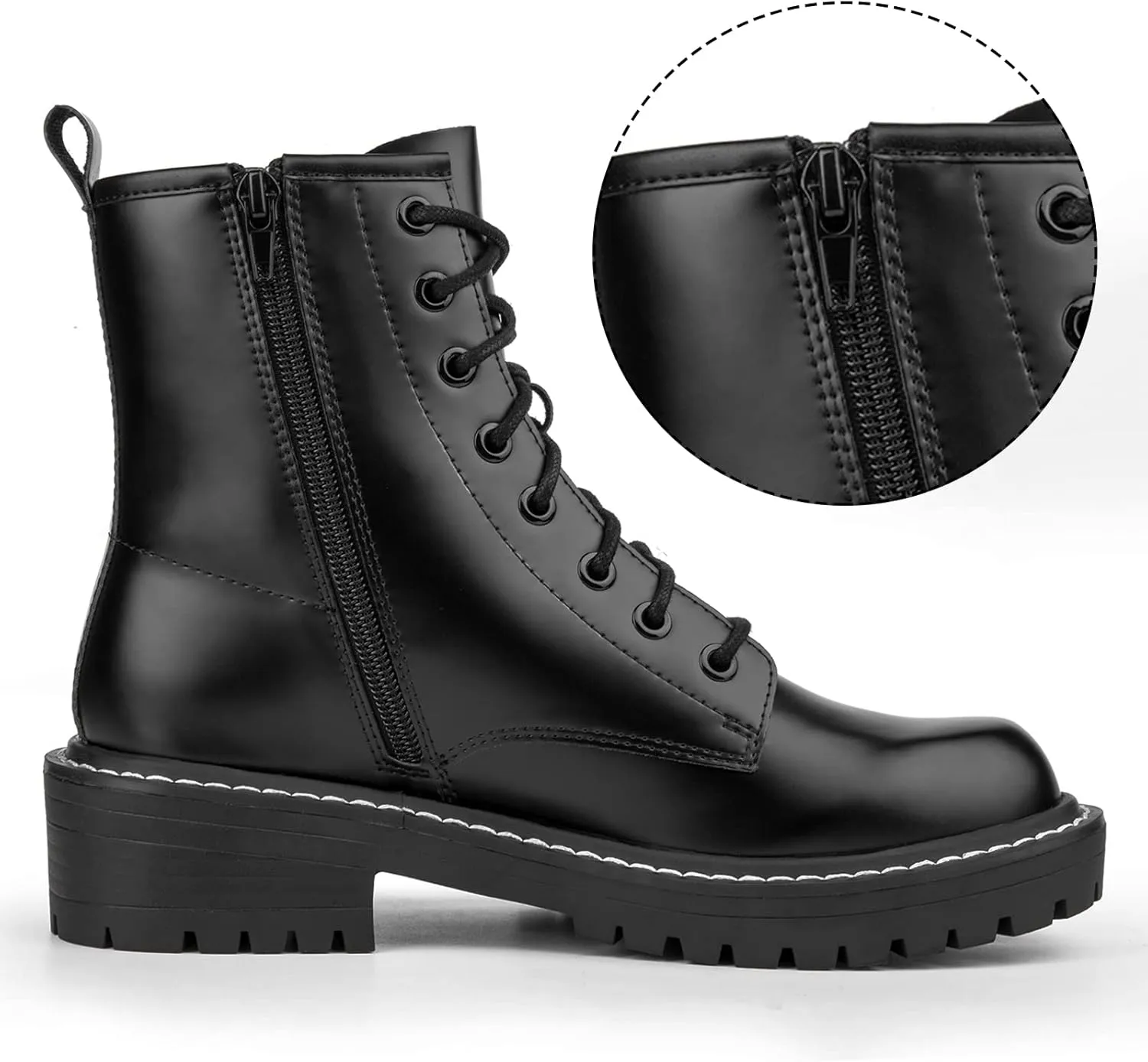 ICHIGO Womens Fashion Ankle Booties Causal 8-Eye Side Zipper Lace-up Combat Boots