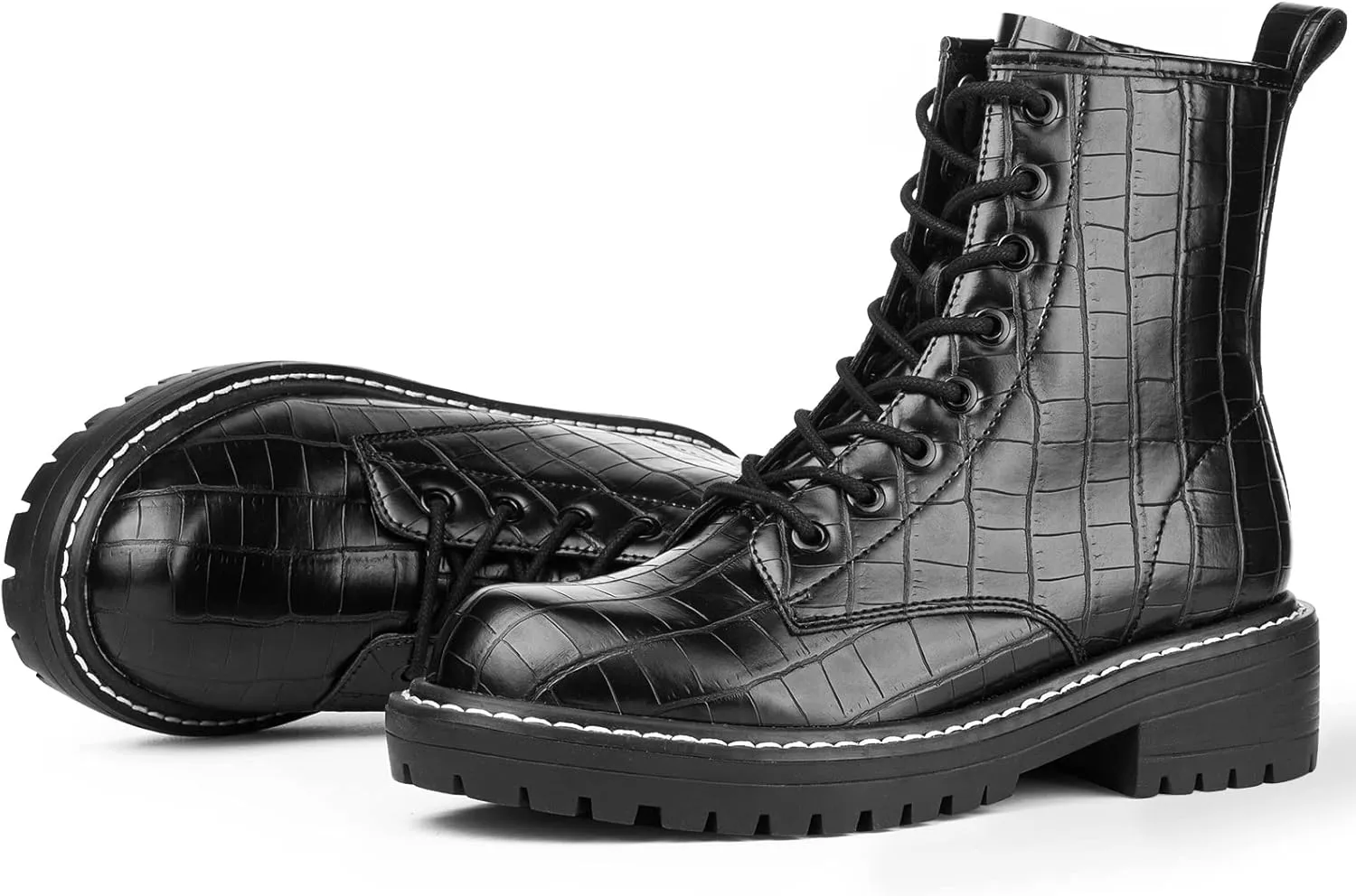 ICHIGO Womens Fashion Ankle Booties Causal 8-Eye Side Zipper Lace-up Combat Boots