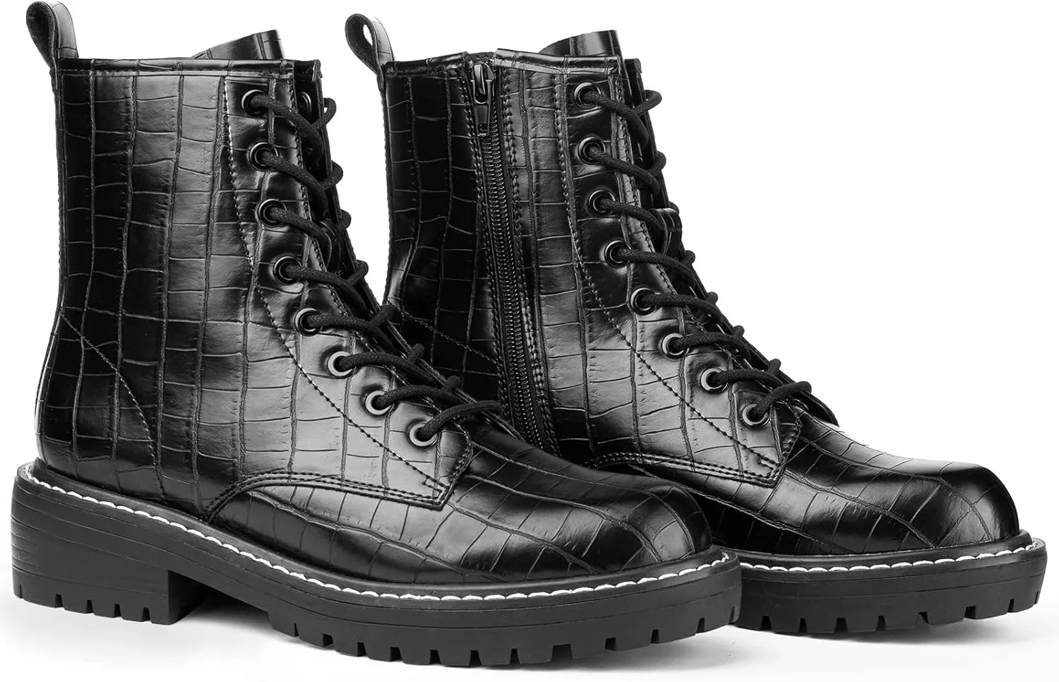 ICHIGO Womens Fashion Ankle Booties Causal 8-Eye Side Zipper Lace-up Combat Boots