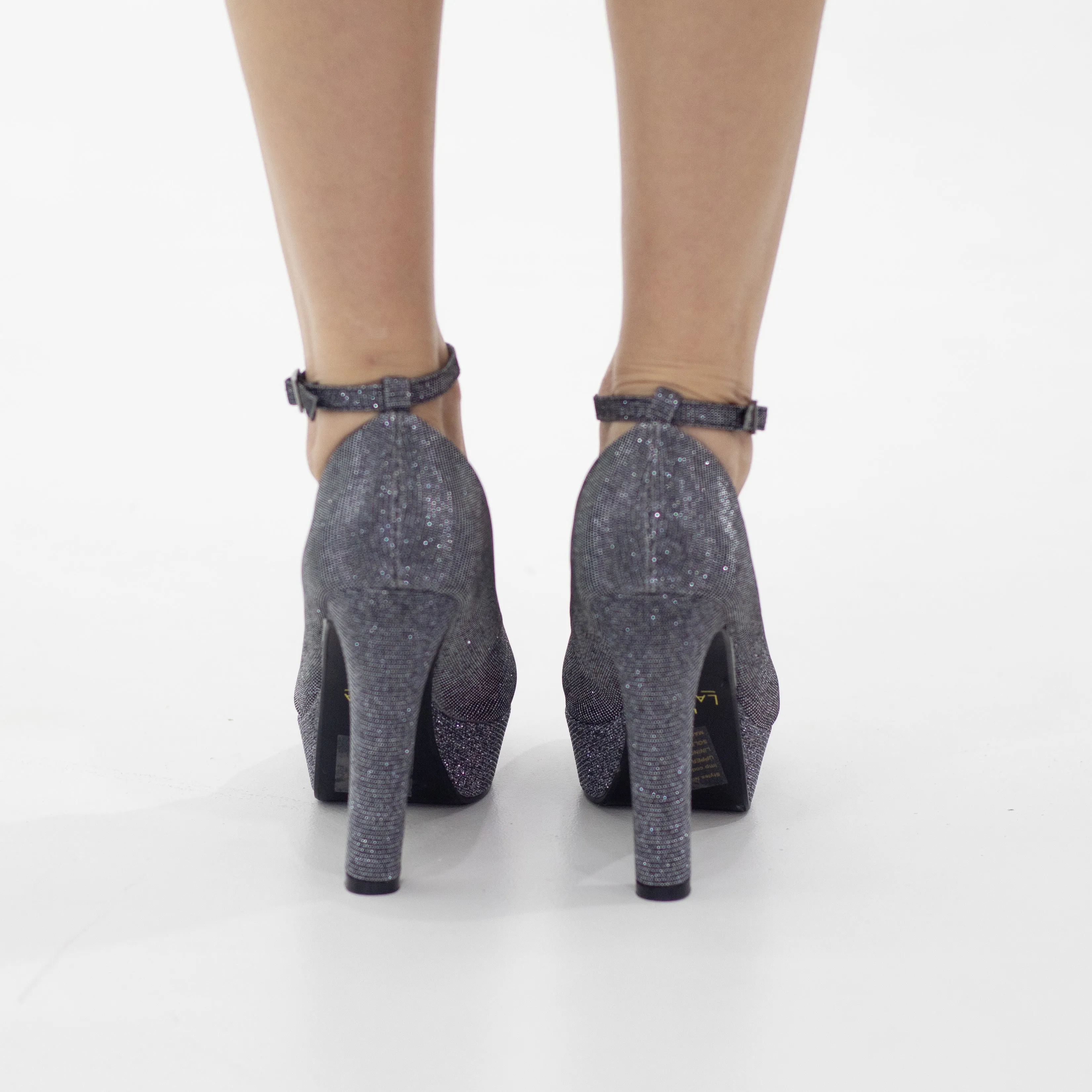 Irana ankle strap platform courts shimmer 12cm heel pewter