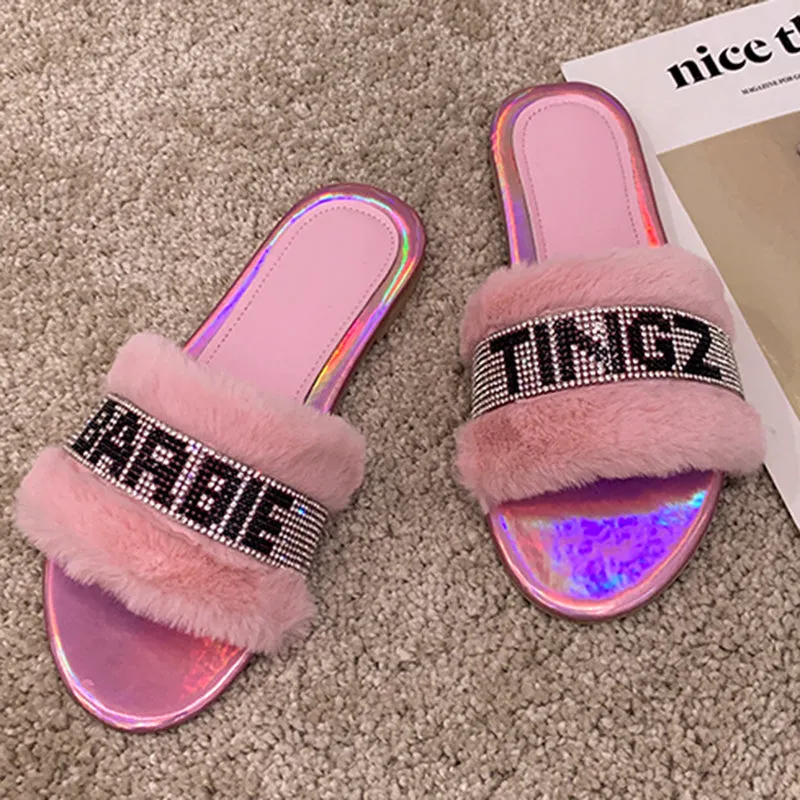Luxury rhinestone crystal Barbie tingz okurrr fur slides slippers