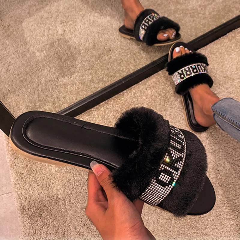 Luxury rhinestone crystal Barbie tingz okurrr fur slides slippers