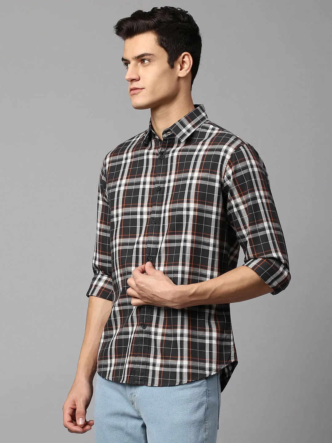 Men's Checkered Bottle Green Slim Fit Casual Shirt  Spread Collar