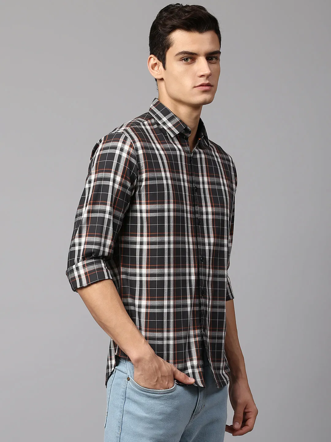 Men's Checkered Bottle Green Slim Fit Casual Shirt  Spread Collar