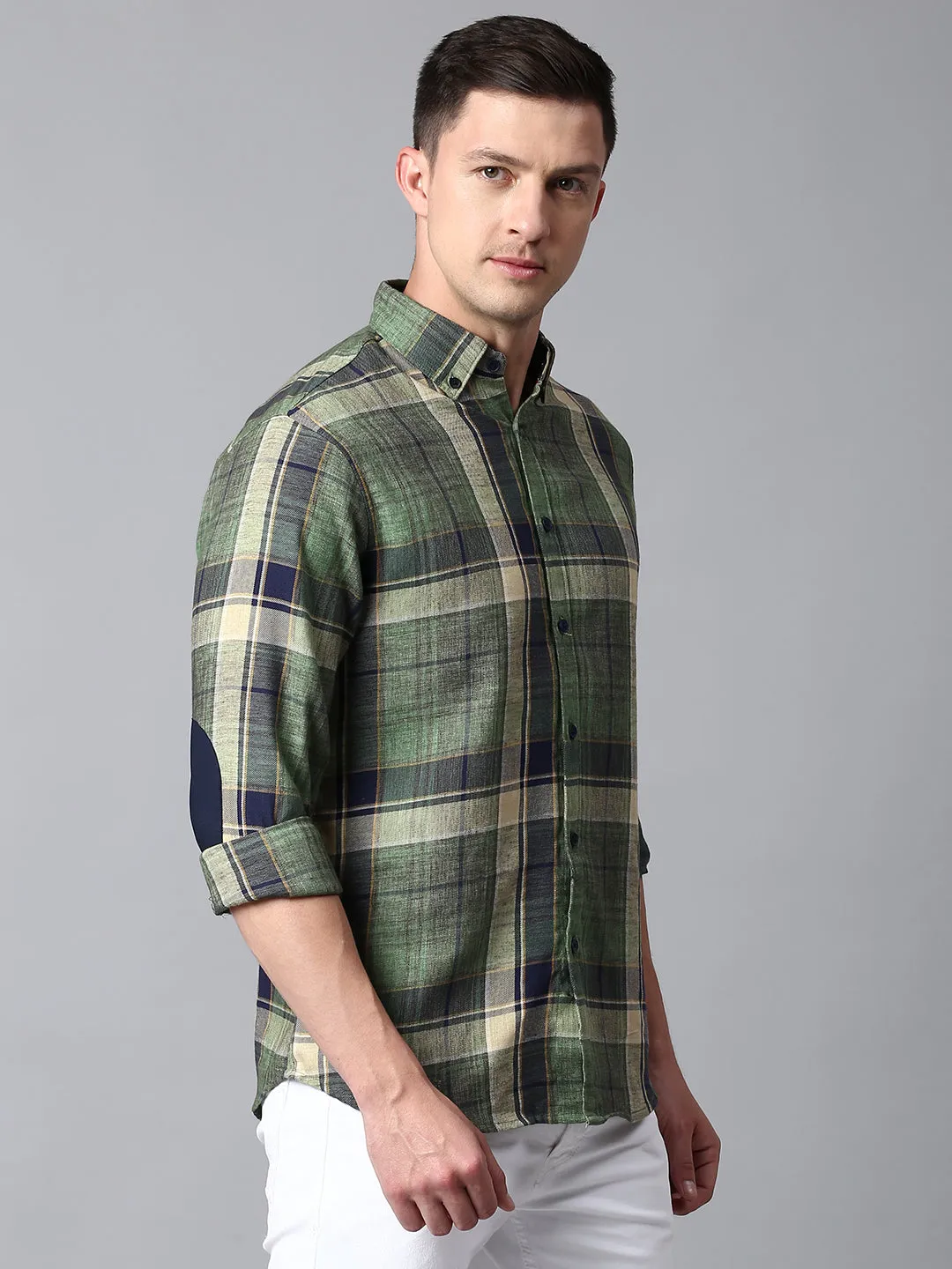 Men's Checkered Green Slim Fit Casual Shirt With Button Down