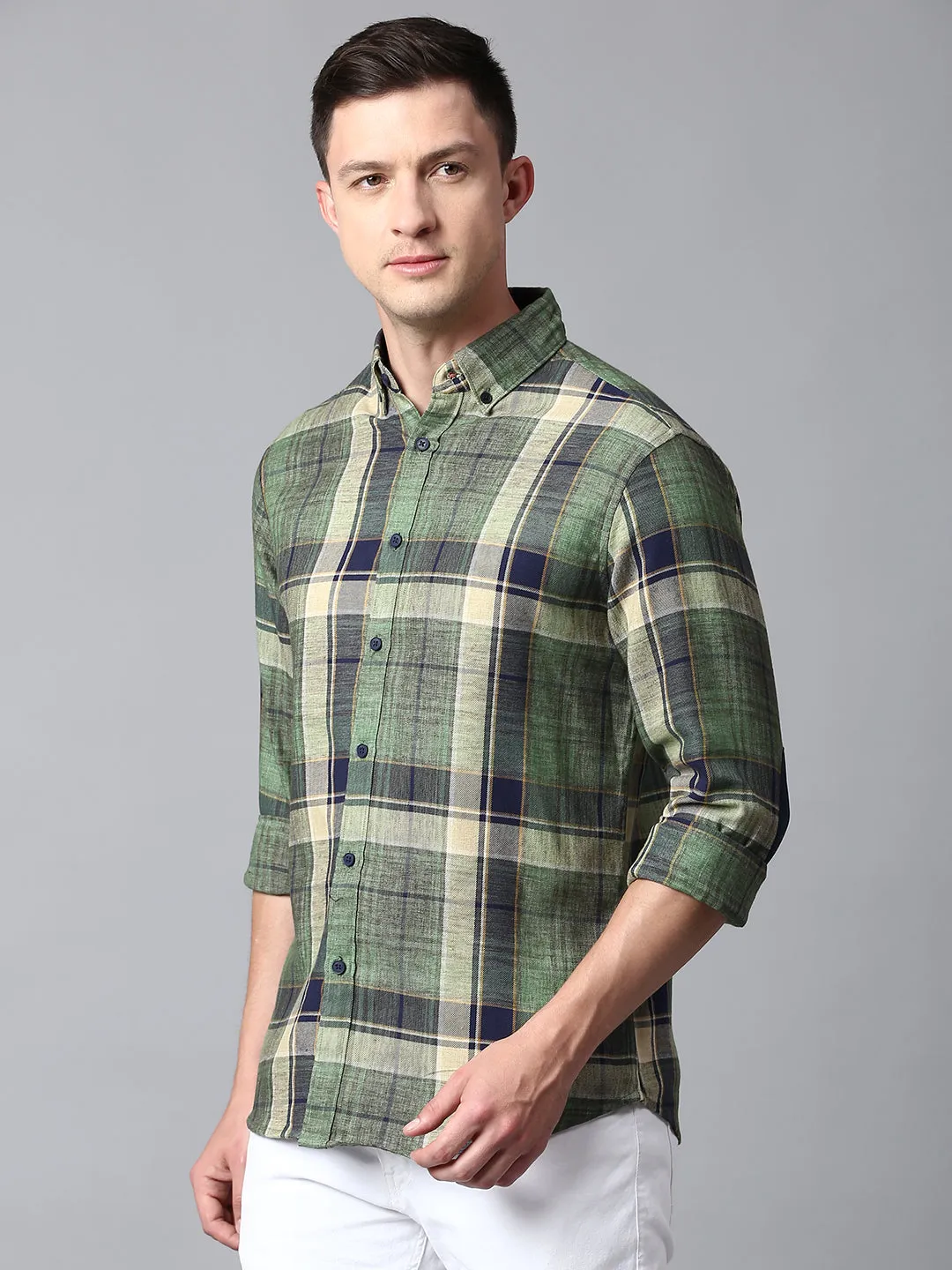 Men's Checkered Green Slim Fit Casual Shirt With Button Down