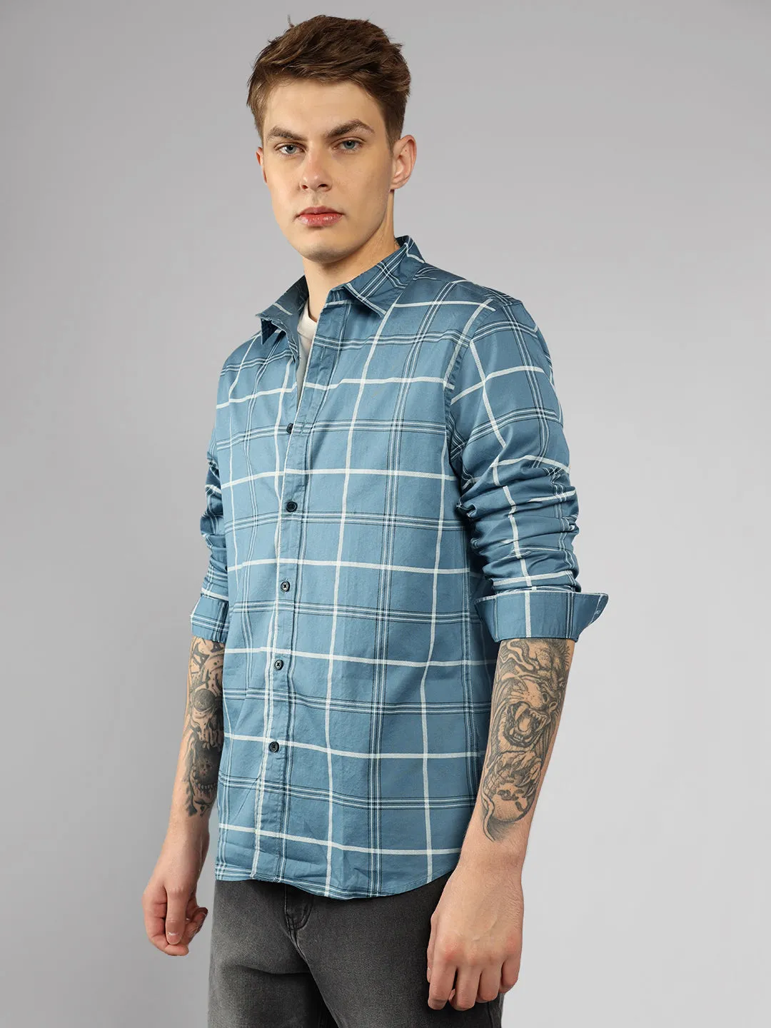 Men's Cotton Window Pane Checkered Slim Fit Casual Shirt
