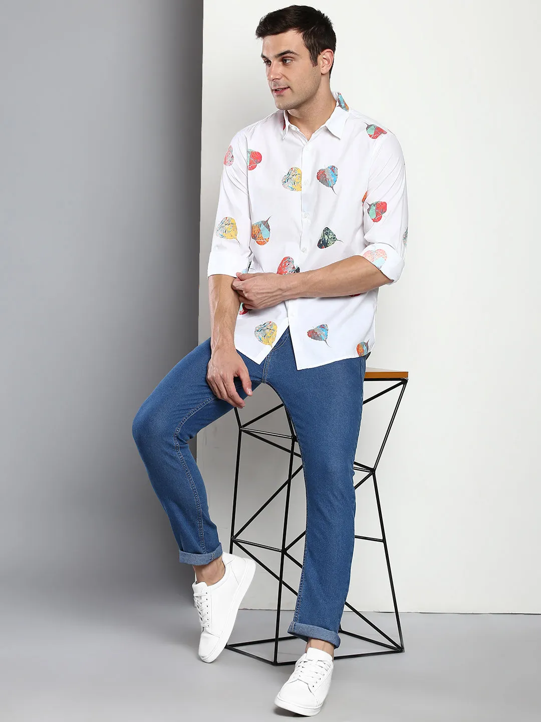 Men's Printed White Slim Fit Satin Casual Shirt With Spread Collar & Full Sleeves (C9083_White_S)