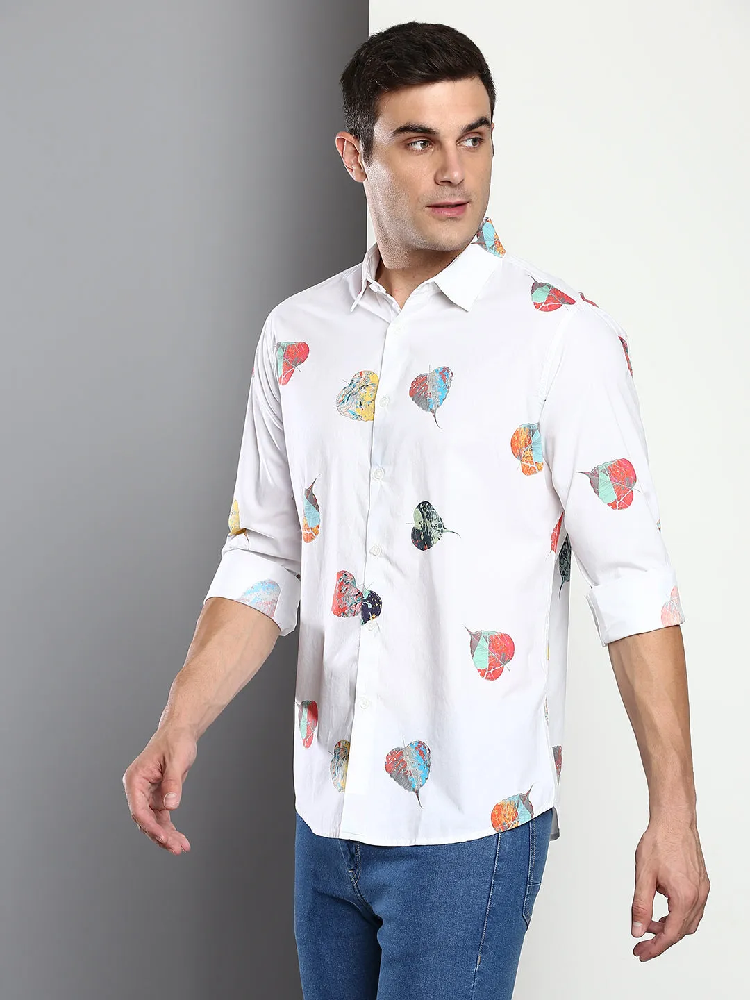 Men's Printed White Slim Fit Satin Casual Shirt With Spread Collar & Full Sleeves (C9083_White_S)