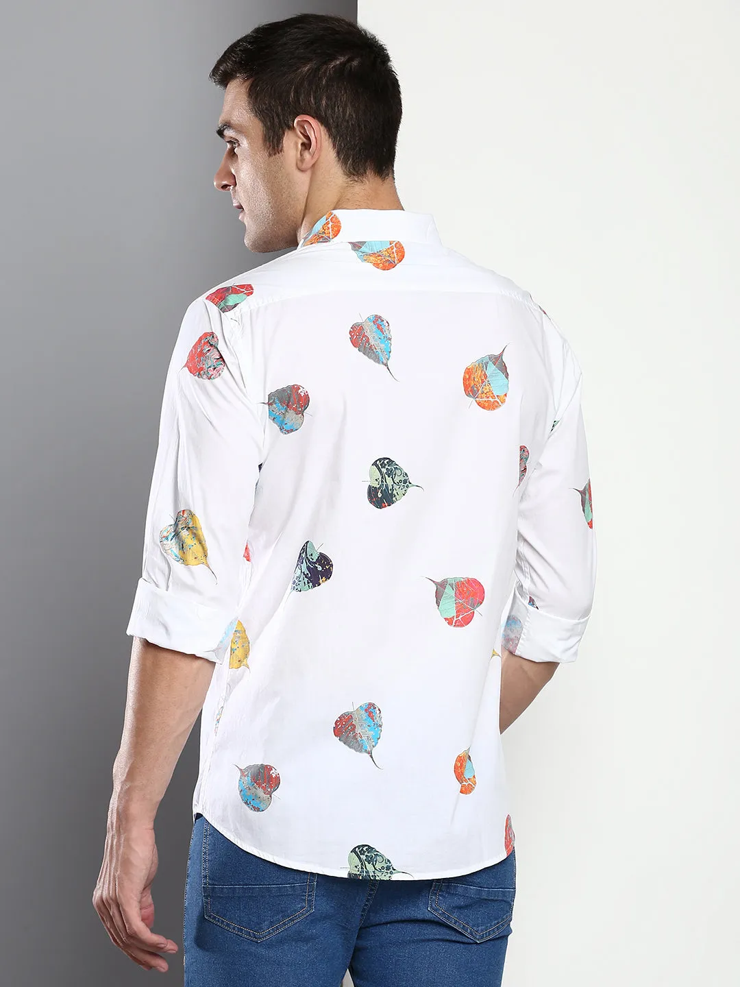Men's Printed White Slim Fit Satin Casual Shirt With Spread Collar & Full Sleeves (C9083_White_S)