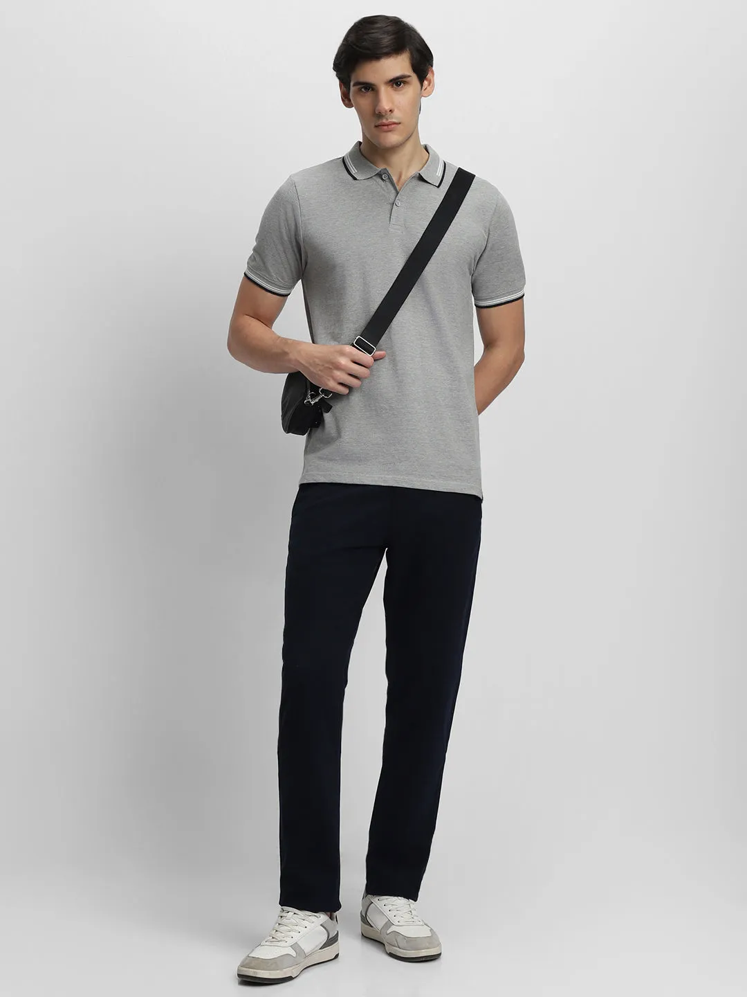 Men's Spread Collar Regular Fit Solid Grey Melange T-shirt