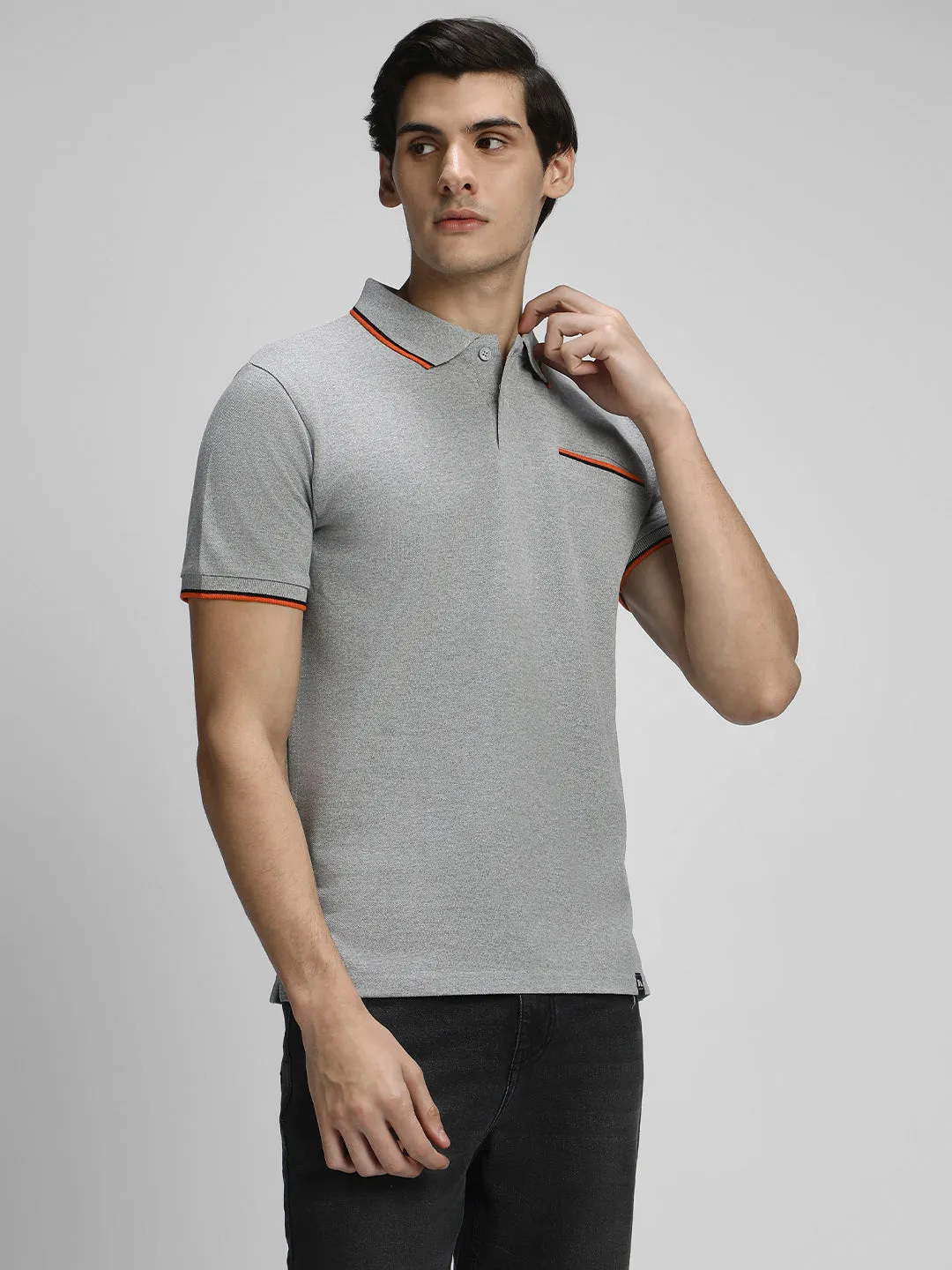 Men's Spread Collar Regular Fit Solid Grey T-shirt
