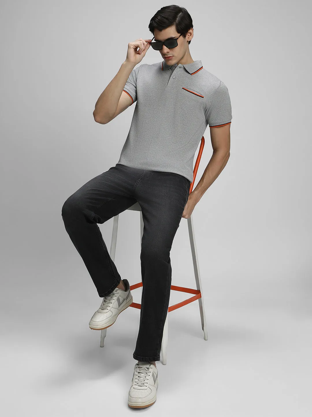 Men's Spread Collar Regular Fit Solid Grey T-shirt
