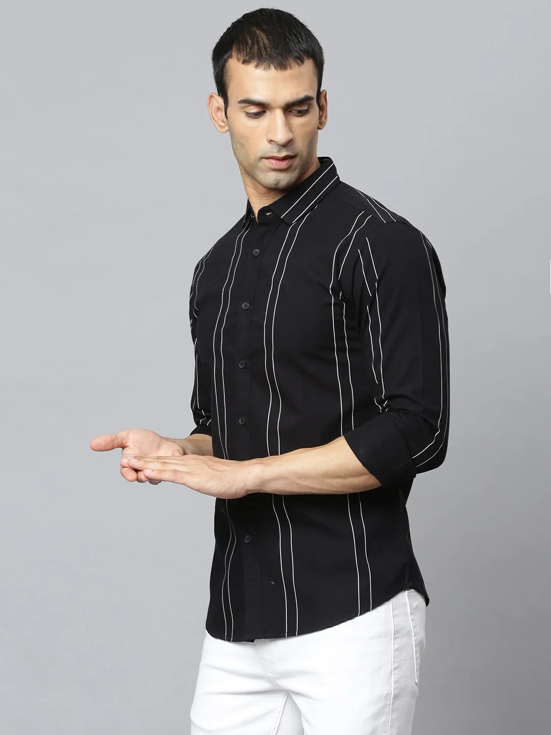 Men's Spread Collar Striped Slim Fit Fulll Sleves Shirts (Black)