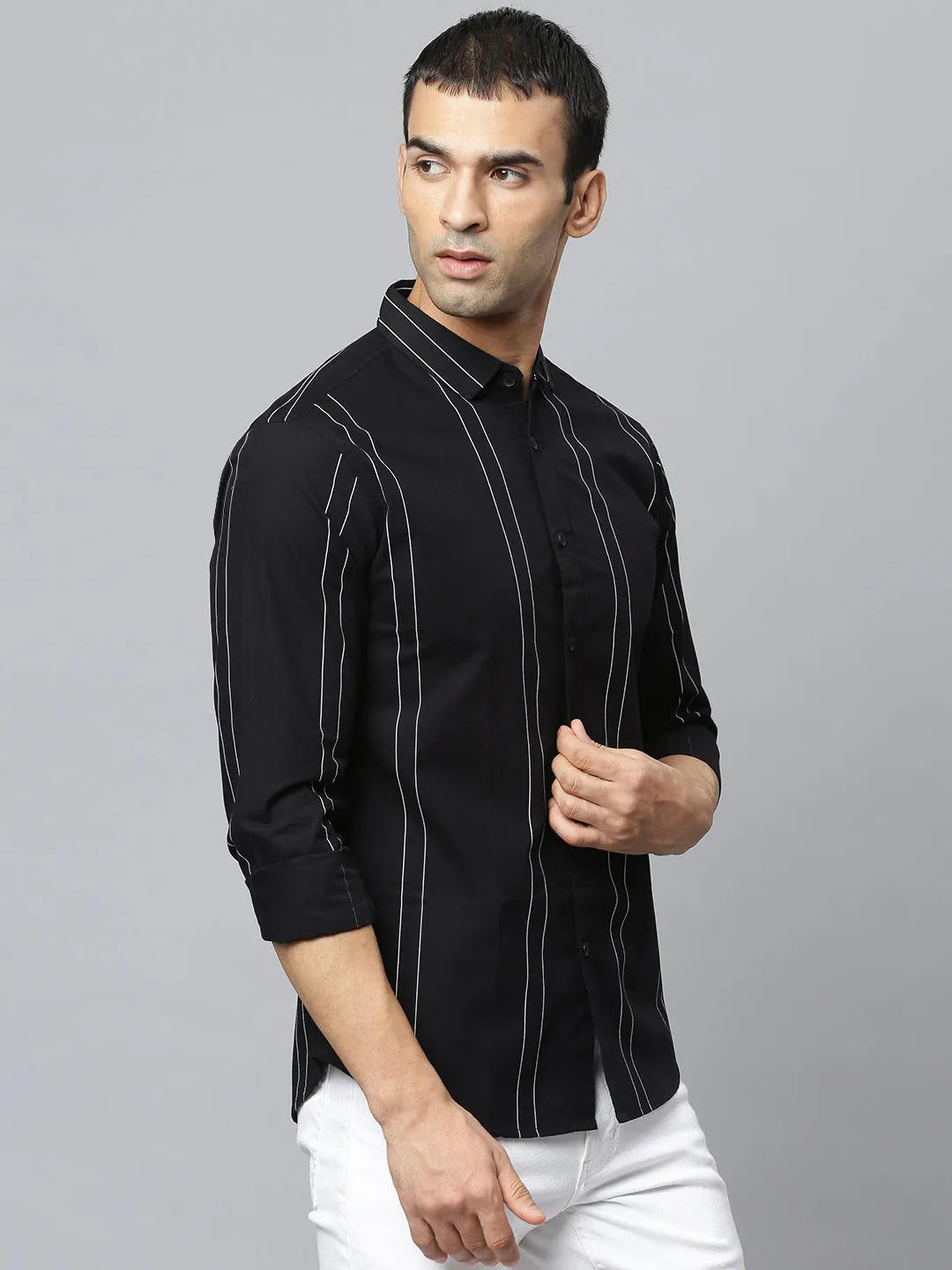Men's Spread Collar Striped Slim Fit Fulll Sleves Shirts (Black)