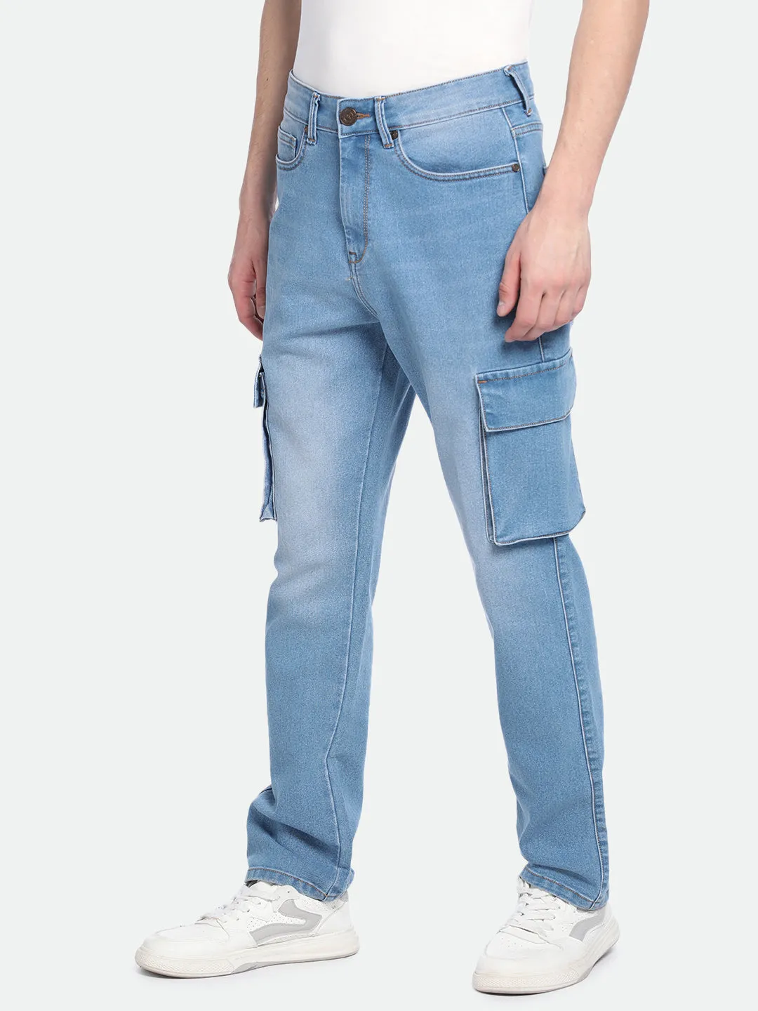 Men's Straight Cargo Washed LIGHT BLUE Stretchable Jeans