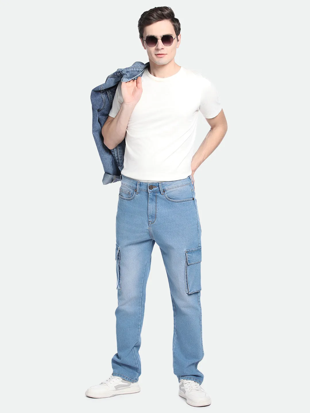 Men's Straight Cargo Washed LIGHT BLUE Stretchable Jeans