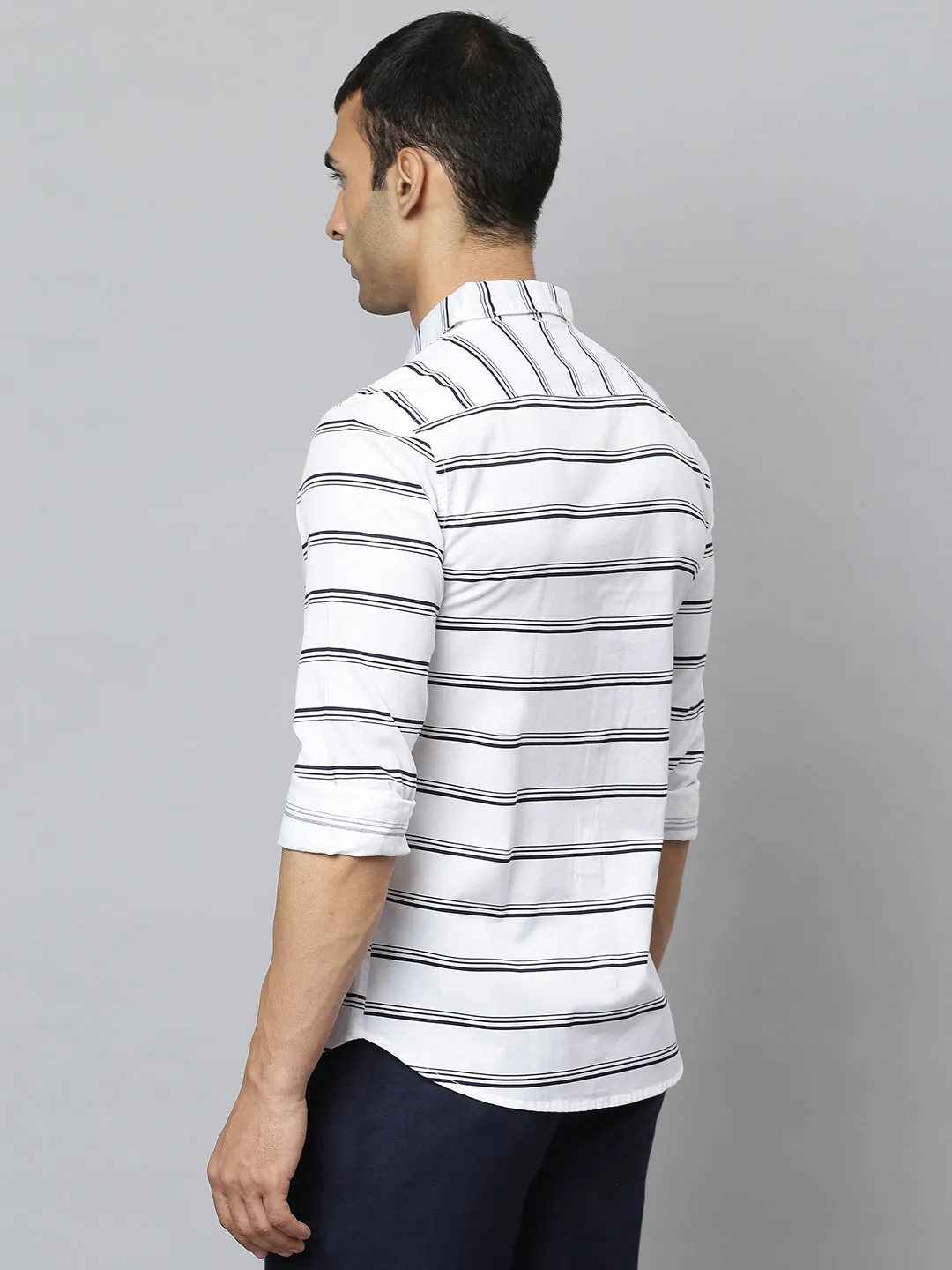 Men's Striped White Slim Fit Cotton Casual Shirt