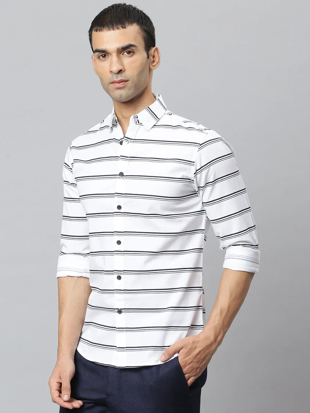 Men's Striped White Slim Fit Cotton Casual Shirt