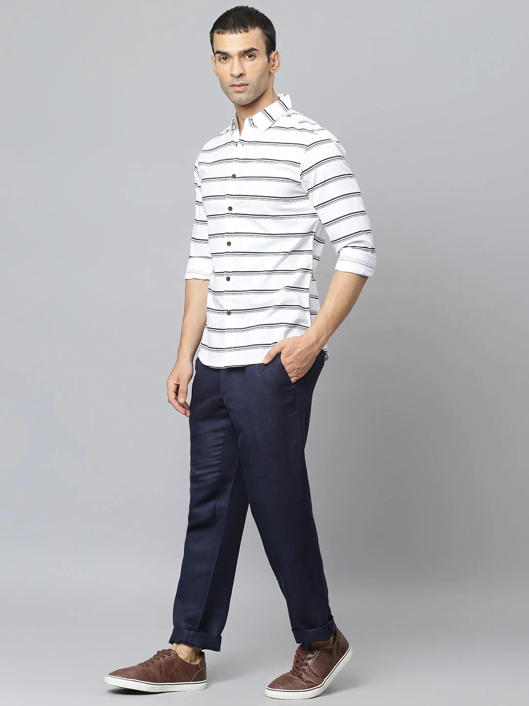 Men's Striped White Slim Fit Cotton Casual Shirt