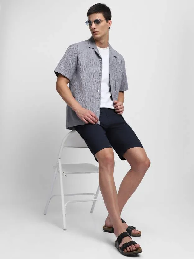 Men's Textured Grey Cuban Collar Casual Shirt