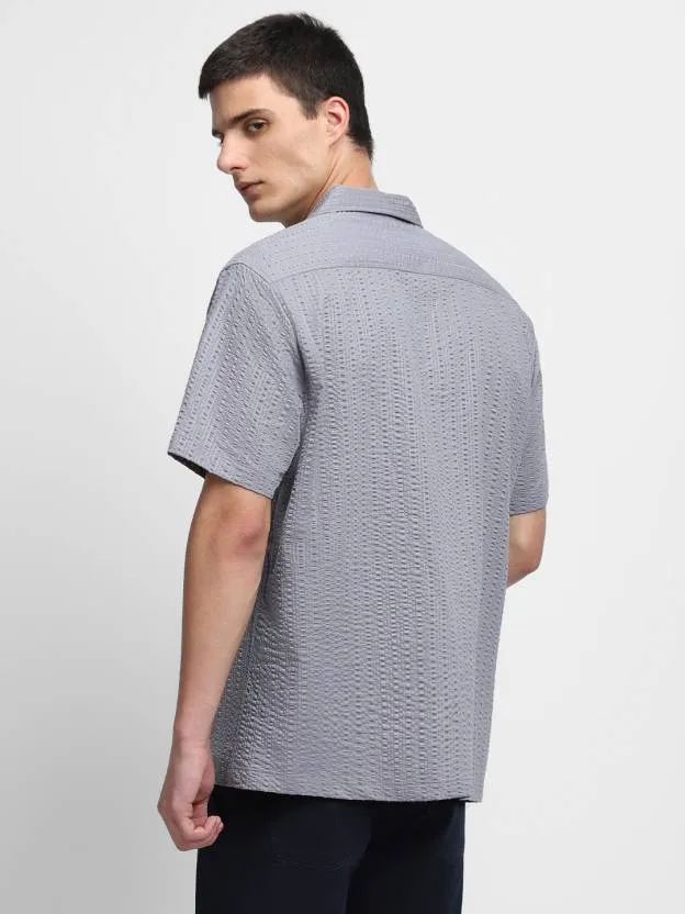 Men's Textured Grey Cuban Collar Casual Shirt