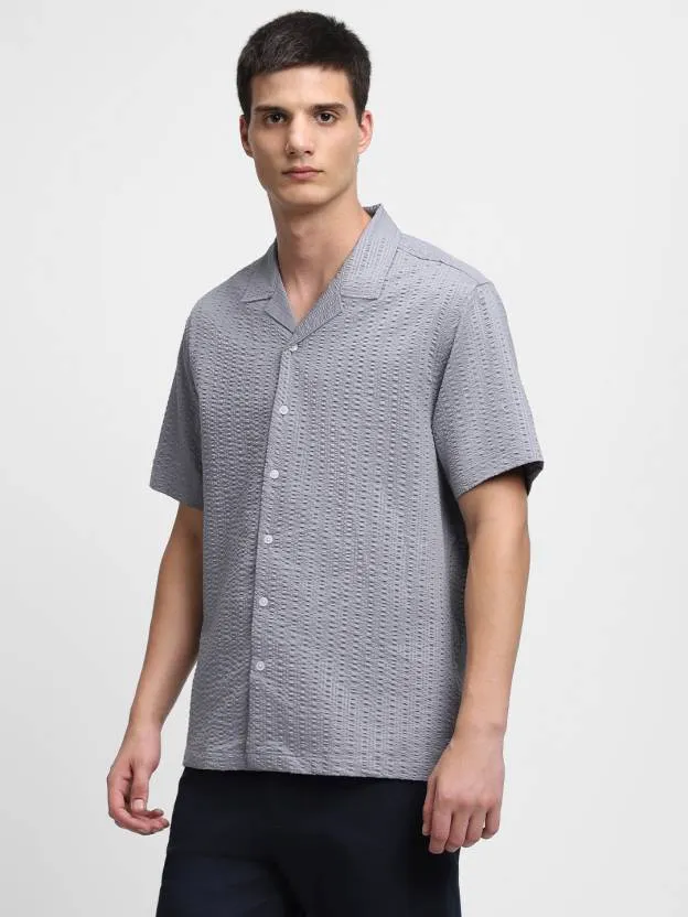 Men's Textured Grey Cuban Collar Casual Shirt