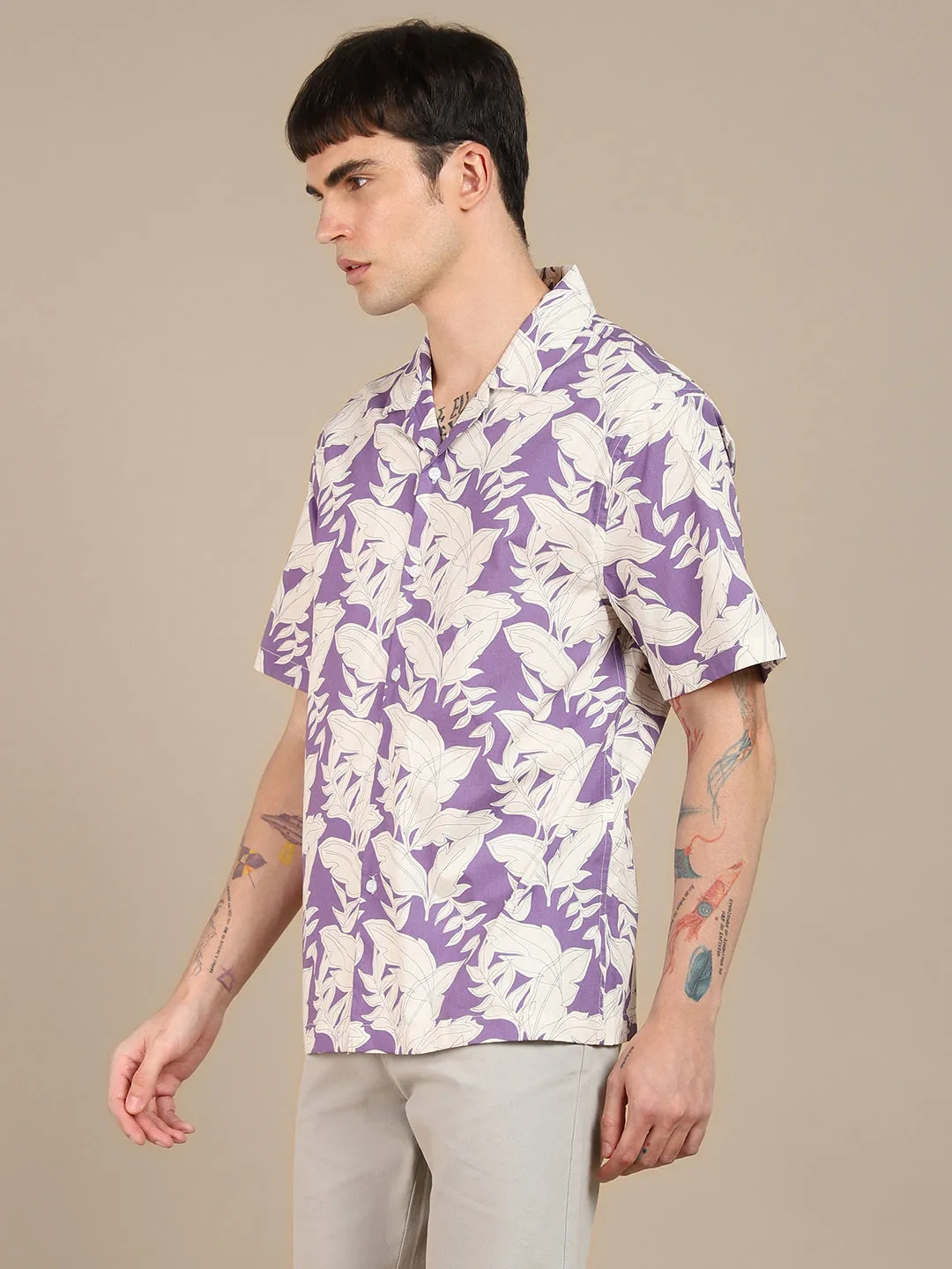 Men's Tropical Printed Cuban Collar Pure Cotton Casual Shirt