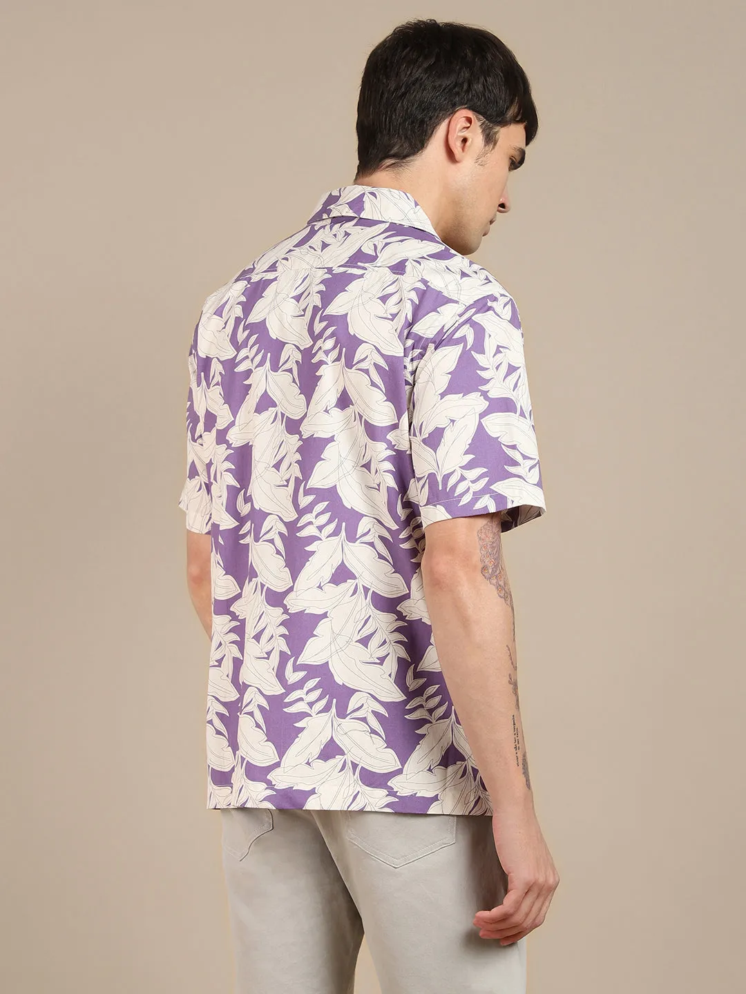 Men's Tropical Printed Cuban Collar Pure Cotton Casual Shirt