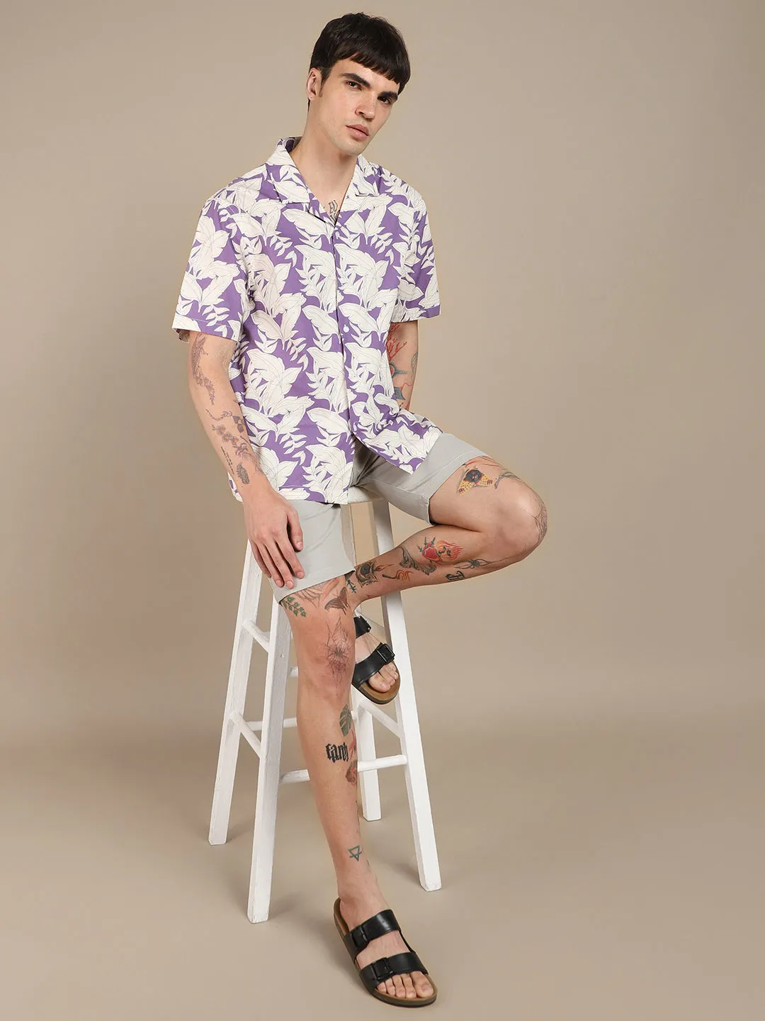 Men's Tropical Printed Cuban Collar Pure Cotton Casual Shirt
