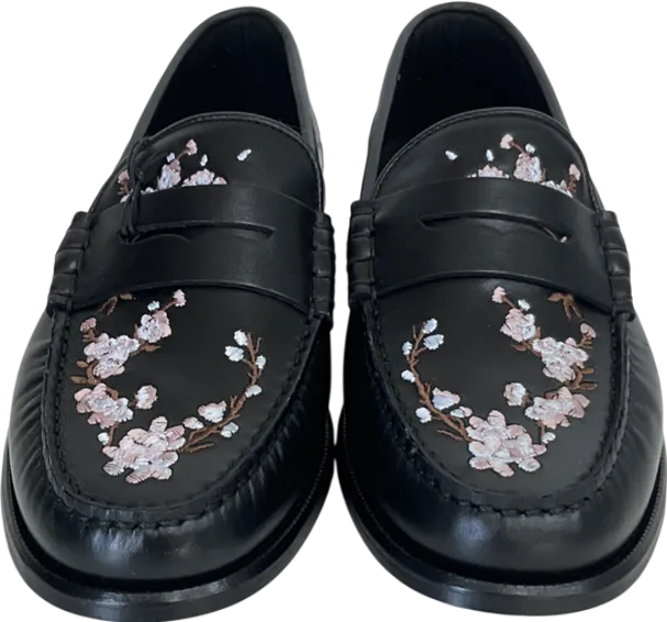 River Island Black Pink Leather Cherry Blossom Loafers UK 9 EU 42 