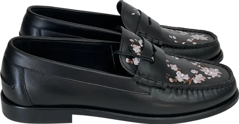 River Island Black Pink Leather Cherry Blossom Loafers UK 9 EU 42 