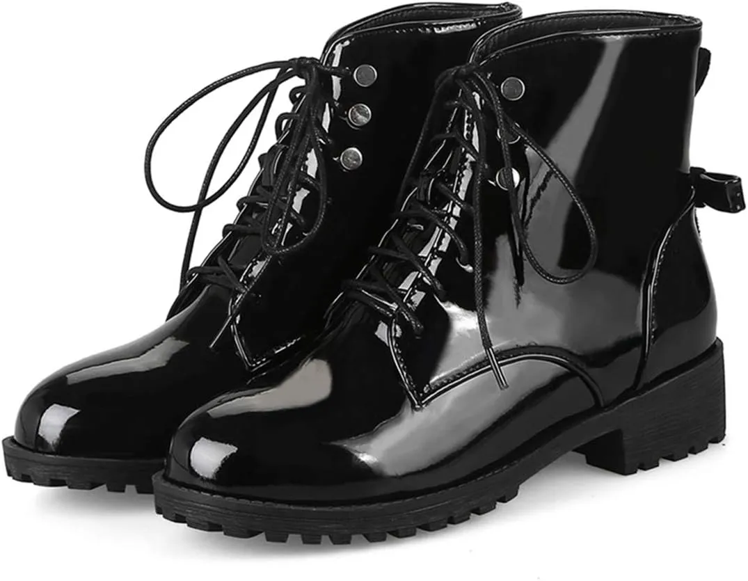 VOKLIN Women's Fashion Lace Up Dressy Ankle Boots Waterproof Rain Platform Low Heel Booties Combat Short Boot