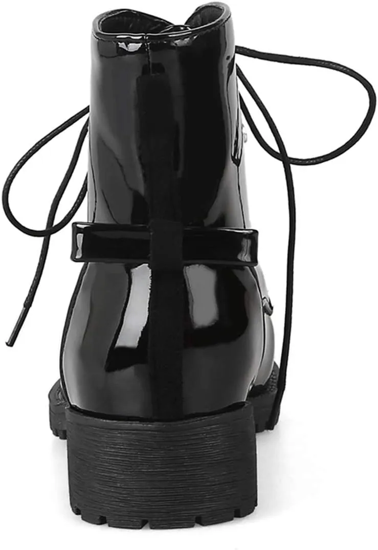 VOKLIN Women's Fashion Lace Up Dressy Ankle Boots Waterproof Rain Platform Low Heel Booties Combat Short Boot
